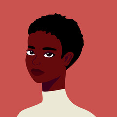 Portrait of a beautiful half turn African woman. Young short haired girl. Fashion and beauty. Female. Avatar for social networks. Bright art. Flat style