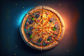 A pizza cut seen from above, AI