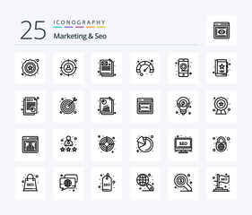 Fototapeta na wymiar Marketing And Seo 25 Line icon pack including book. mobile. email. location. speed