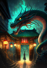Fototapeta premium chinese temple in night, chinese temple at night, chinese dragon, dragon in the city, dragon, dragon in the night,