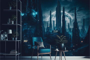 a living room at home with views of a dystopian future city, dark blue, GENERATIVE AI