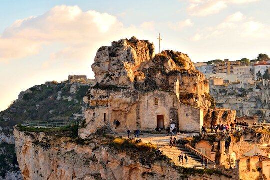 view of the rock church Madonna de Idris in the Sassi of Matera in Basilicata, Italy