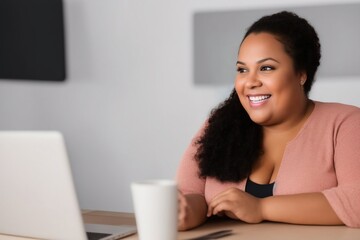 Portrait of a beautiful overweight African American woman working from home on a laptop computer, generative ai - obrazy, fototapety, plakaty