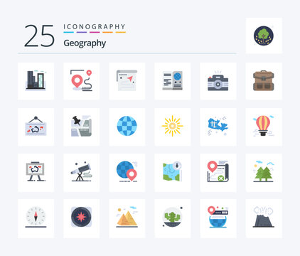 Geo Graphy 25 Flat Color icon pack including photo. camera. destination. international. visa