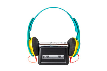 portable cassette walkman from the 90s with headphones, on isolated white background
