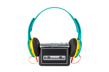 portable cassette walkman from the 90s with headphones, on isolated white background