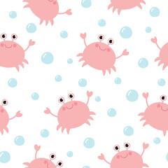 Seamless pattern with cute crab. Summer marine texture. Vector illustration.  It can be used for wallpapers, wrapping, cards, patterns for clothes and other.