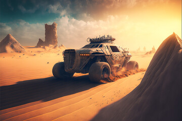 Landscape with desert car, post apocalyptic, GENERATIVE AI