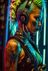 Fototapeta na wymiar Cute and beautiful teenage punk girl with tattoos, colorful hair and earphones, listening to music, generative ai