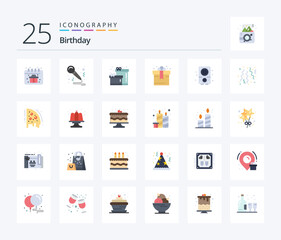 Birthday 25 Flat Color icon pack including party. celebrate. box. birthday. music