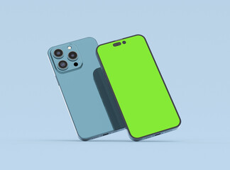 iPhone 14 pro max Smartphone mockup for App and Website UI branding. 2 Phones in front and back side. 3D render
