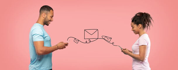 Online Communication. Happy Black Couple Messaging On Smartphones With Each Other