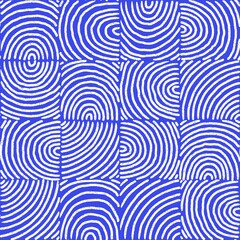Hand drawn seamless pattern with fingerprints. Checkered pattern with striped texture. Blue and white pencil print