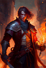 A knight in a burning medieval village