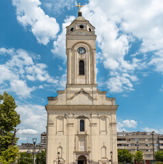 Fototapeta na wymiar Front of the Orthodox Church with cloudy sky in the Smederevo city