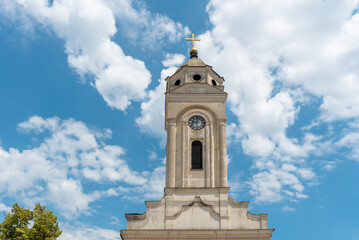 Fototapeta na wymiar Front of the Dome of Orthodox Church with cloudy sky in the Smederevo city