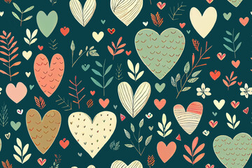 Seamless pattern graphic set of hand draw hearts, on the dark background,