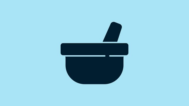 Blue Mortar and pestle icon isolated on blue background. 4K Video motion graphic animation
