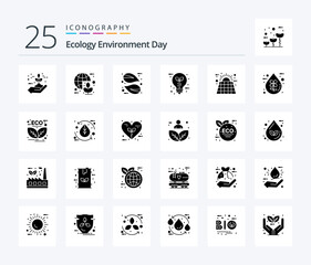 Ecology 25 Solid Glyph icon pack including leaf. eco. world. bulb. nature