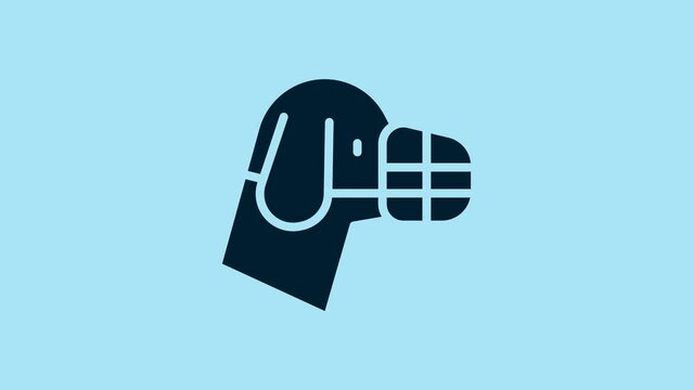 Blue Dog in muzzle icon isolated on blue background. Accessory for dog. 4K Video motion graphic animation