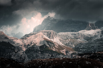 Dolomites mountains, unbelievable peaks in nice weather conditions. Amazing summer nature with mood and light. 