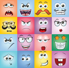 Face expression isolated vector icons, funny cartoon emoji dreaming, fall in love, laughing and smile. Facial feelings, emoticons kissing, happy and show tongue, toothy. Positive face expressions