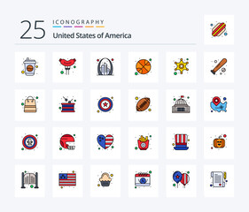 Usa 25 Line Filled icon pack including police. day. building. sports. basketball