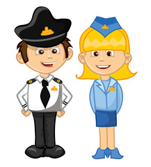 Aviation crew illustration. Male pilot and female stewardess in uniform. Character cartoon design, vector illustration