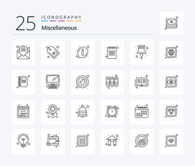 Fototapeta na wymiar Miscellaneous 25 Line icon pack including pin. about. notepad. book