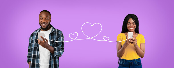 African American Couple Holding Smartphones Connected With Drawn Heart Shape String