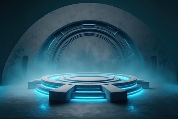 Obraz premium grey and blue Sci-Fi Empty Platform Stage Podium cylinder Concrete Cement generative ai stand