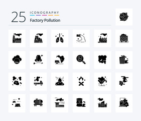 Factory Pollution 25 Solid Glyph icon pack including pollution. pollution. organ. energy. sewage