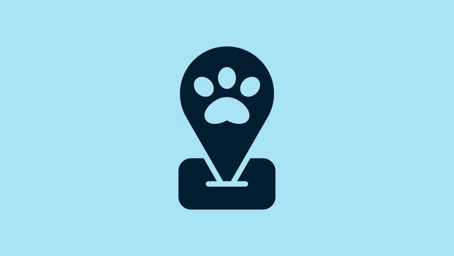 Blue Location pet grooming icon isolated on blue background. Pet hair salon. Barber shop for dogs and cats. 4K Video motion graphic animation