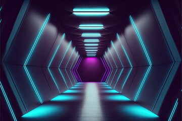 Neon  Circle Glowing Laser Beams Hallway Corridor generative ai  Empty Podium