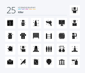 Killer 25 Solid Glyph icon pack including poster. weapons. bomb. pistol. firearm