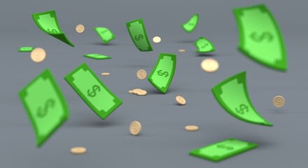 Dollar bill and falling golden coins (3d illustration)