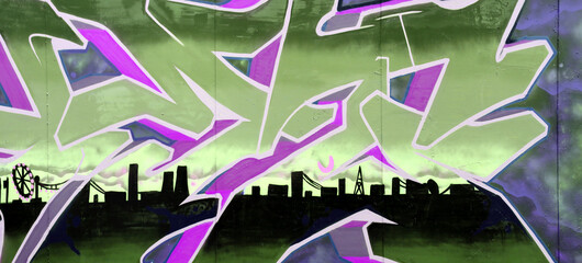 Colorful background of graffiti painting artwork with bright aerosol strips on metal wall. Old...