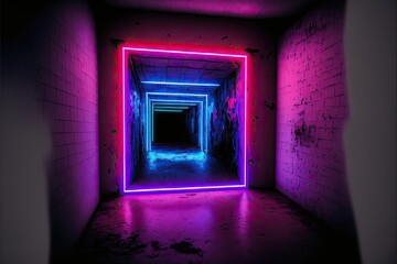Fototapeta na wymiar Neon Laser Cyberpunk Orange and Blue Lights On Brick Grunge wall generative ai wallpaper
