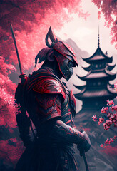 Fototapeta na wymiar samurai temple in a mountain with pink colors