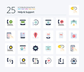 Help And Support 25 Flat Color icon pack including guide. book. email. support. help