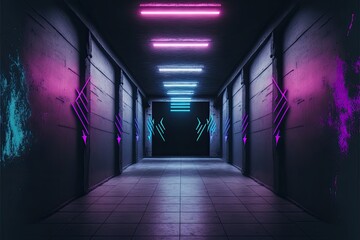 colored arrows in a purple futuristic Sci-Fi Alien Cyber Dark blue neon generative ai Hallway 