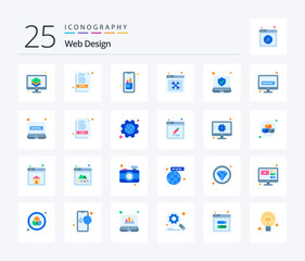 Web Design 25 Flat Color icon pack including setting. tools. document. repair. tablet