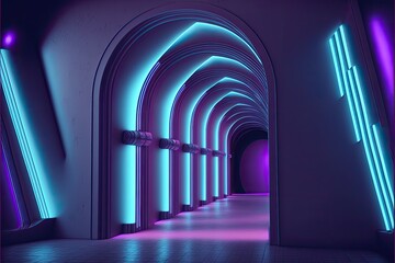 purple futuristic Sci-Fi Alien Cyber Dark blue neon generative ai Hallway  - obrazy, fototapety, plakaty