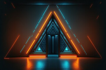 Futuristic sci-fi orange and blue neon light triangle gate generative ai door