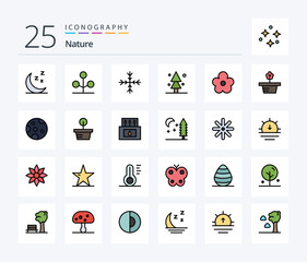 Nature 25 Line Filled icon pack including present. nature. snowflake. flower. spruce