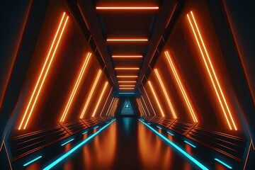 Futuristic sci-fi orange and blue neon light tunnel generative ai corridor  - obrazy, fototapety, plakaty