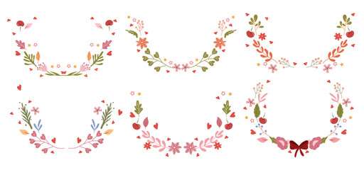 Fototapeta na wymiar Beautiful wreaths with colorful flowers, leaves, berries, hearts and stars all around. A collection of wreaths for greeting cards, invitations to weddings, birthdays, etc. Vector.