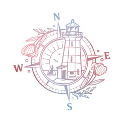 Lighthouse Compass Illustration Clip Art Design Shape. Nautical Flowers Silhouette Icon Vector.