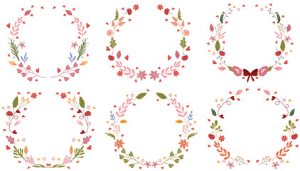 Beautiful wreaths with colorful flowers, leaves, berries, hearts and stars all around. A collection of wreaths for greeting cards, invitations to weddings, birthdays, etc. Vector.