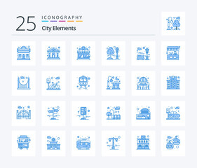 City Elements 25 Blue Color icon pack including park. bench. coffee house. park. city